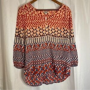 LUCKY BRAND Women’s Red Blue Pink Geometric AztecFlowy 3/4 Sleeve Size Small